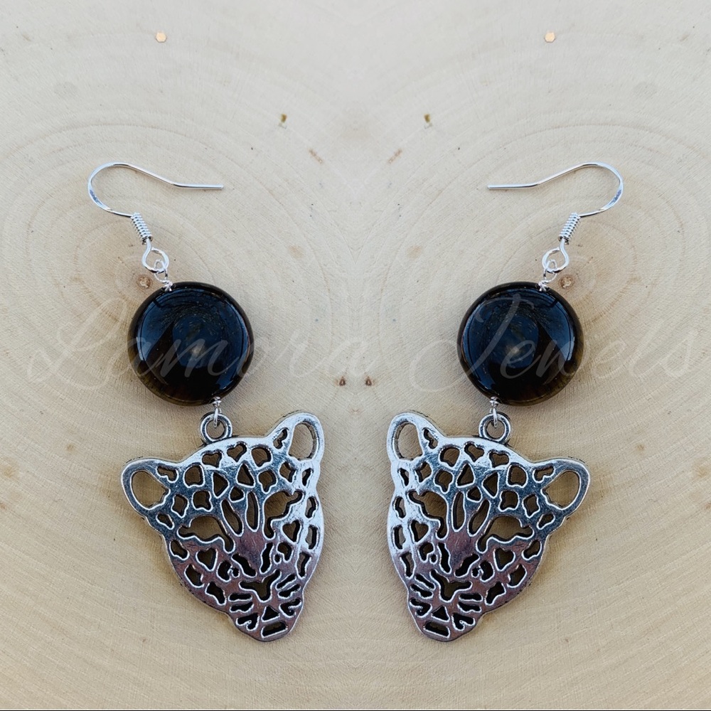 Tiger eye gemstone silver dangle drop earrings